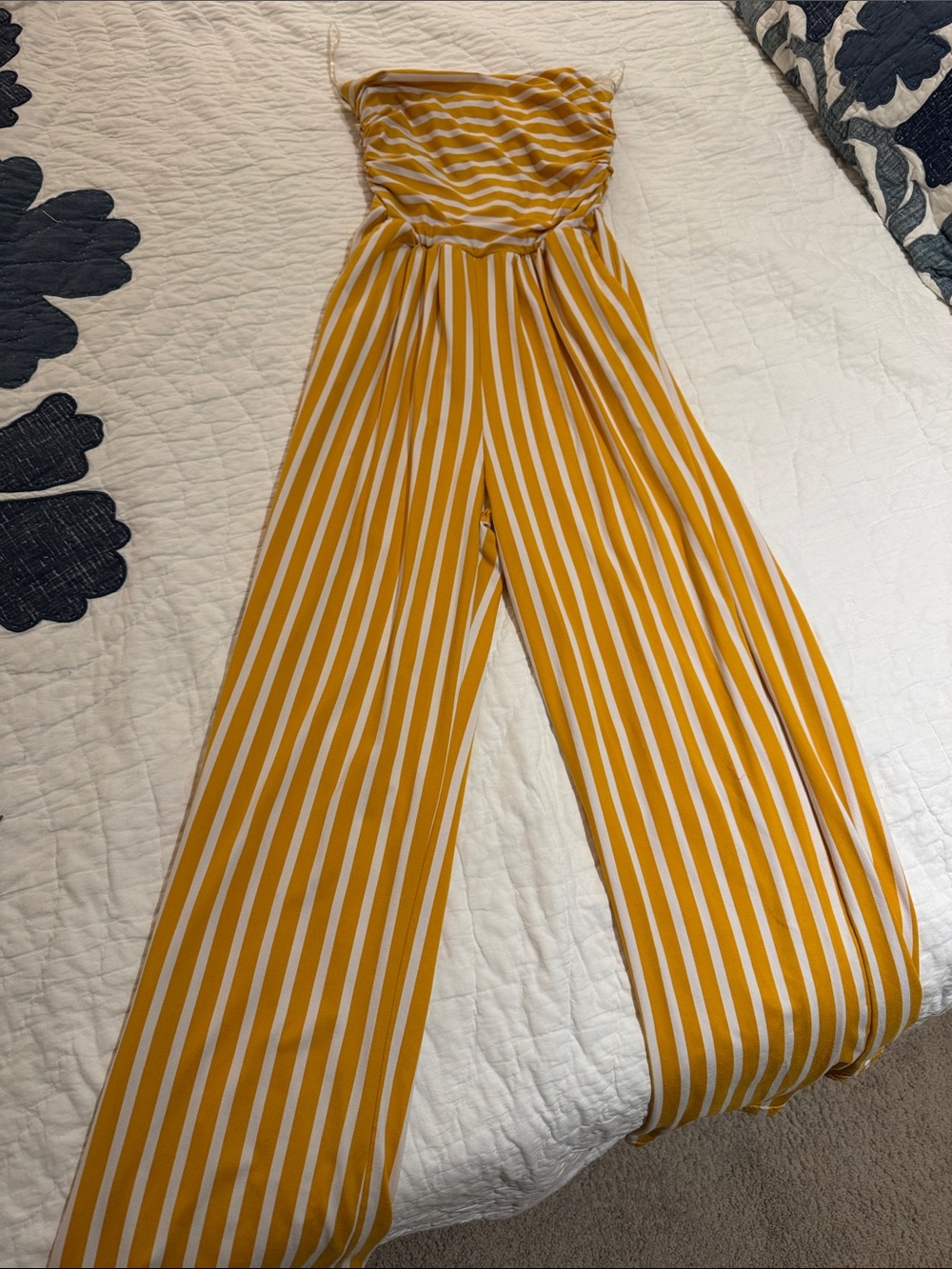 Poof! Yellow and White Striped Strapless Jumpsuit